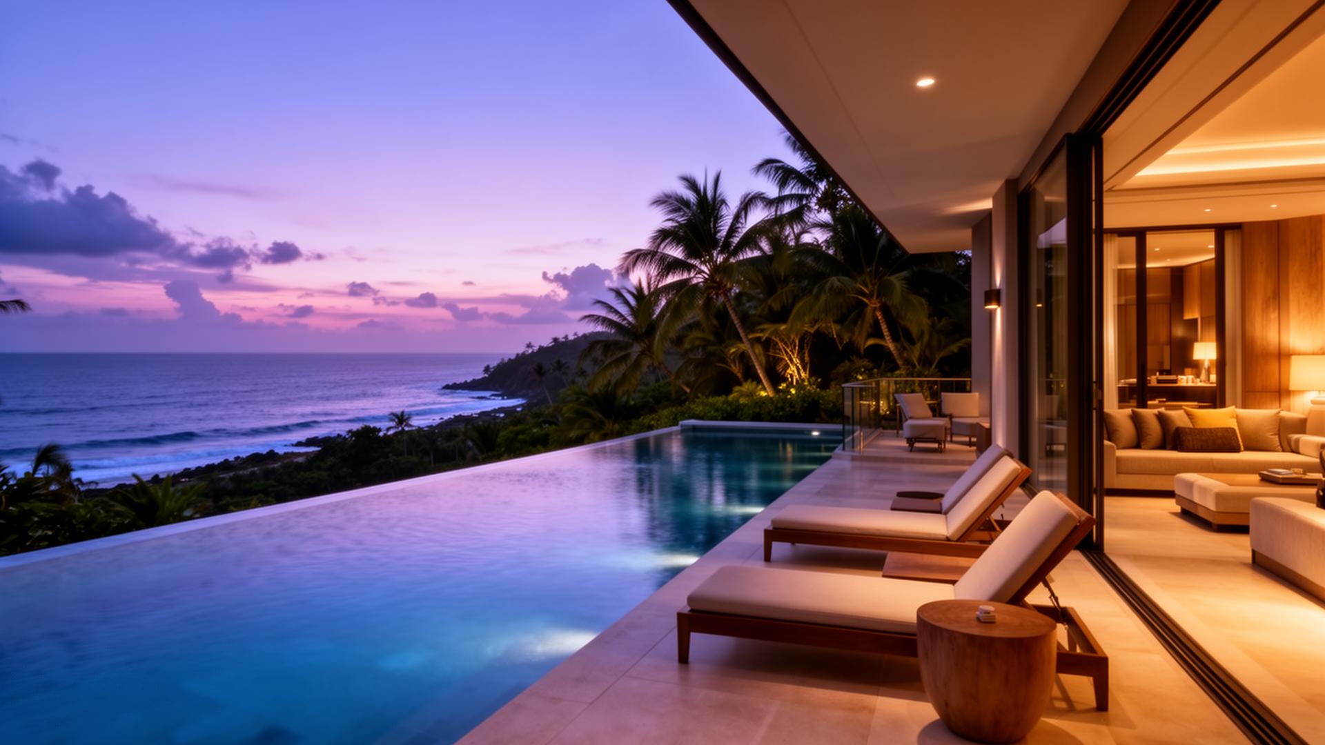 Luxury short-term rental villa at dusk